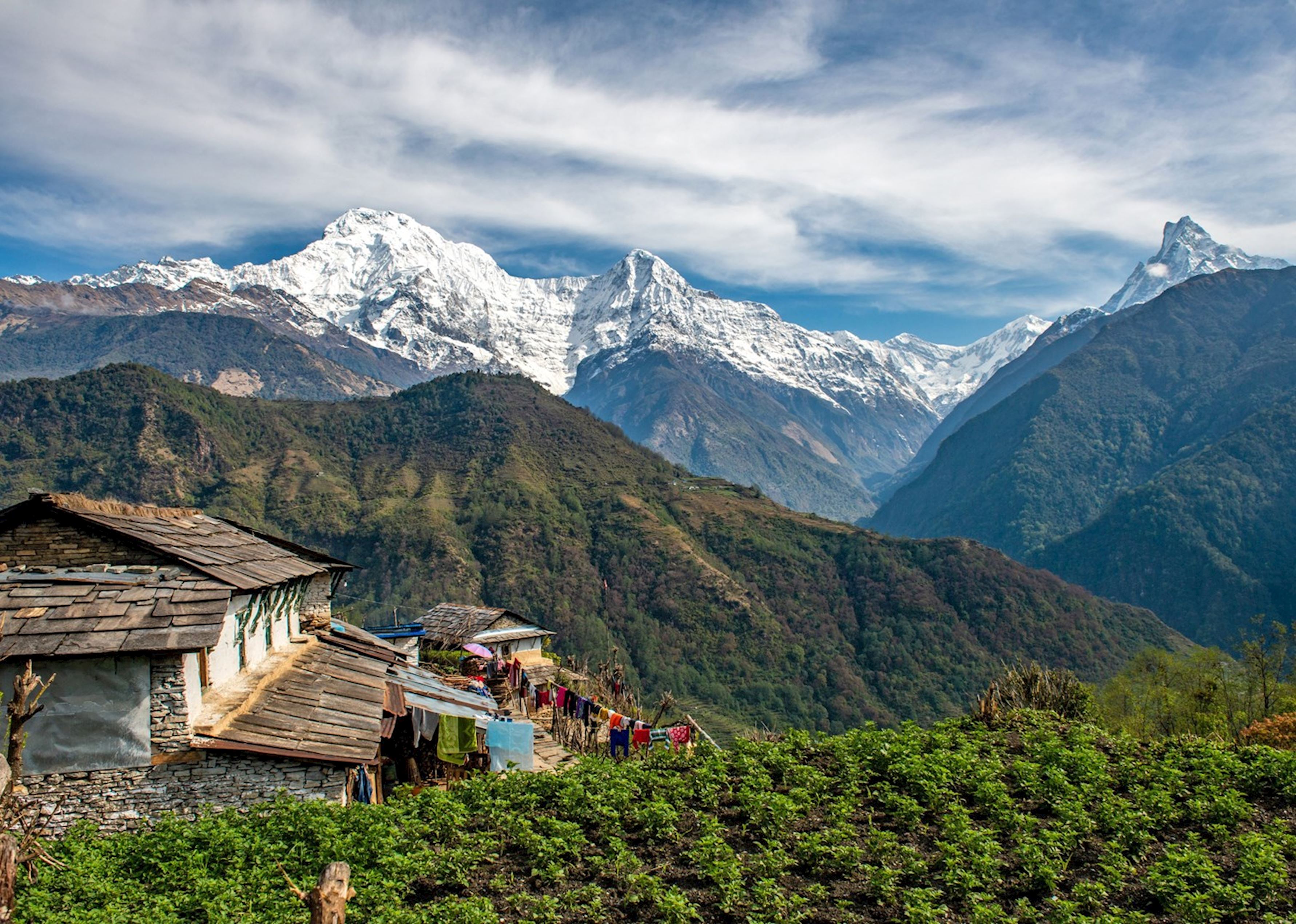 Panoramic Annapurna Himalayan Views in Muktinath, Nepal – Snow-capped Mountains and Scenic Landscape