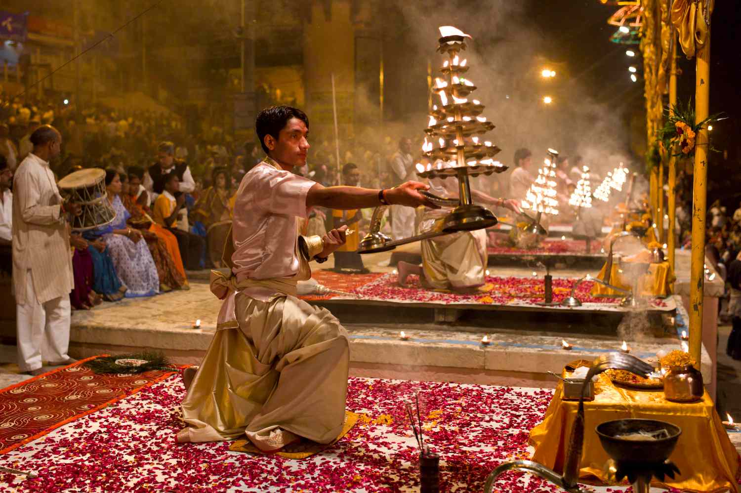 Ganga Aarti at Dashashwamedh Ghat Varanasi with priests offering prayers